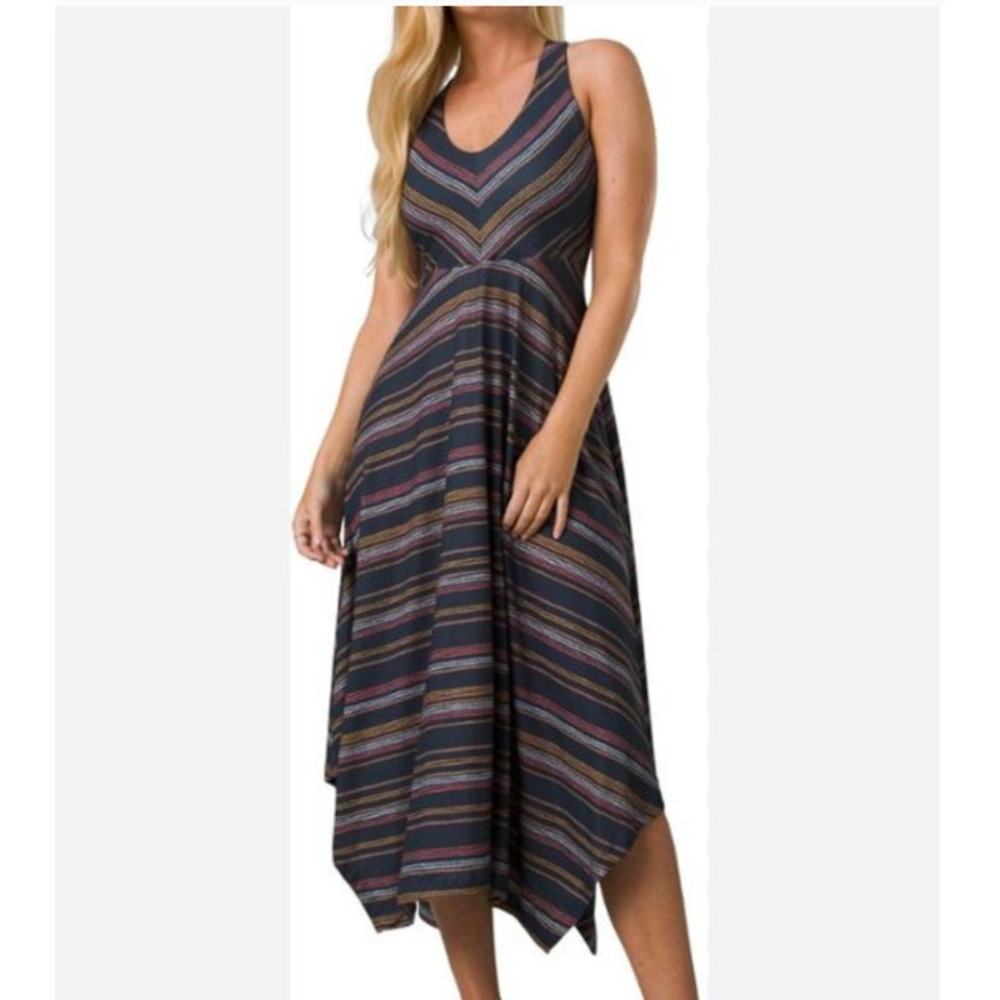 prAna Saxon Midi Dress Small Blue Stripe Racerback Stretch Dress
